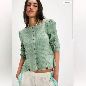 Free People Sage Green Textured Button-Front Jacket